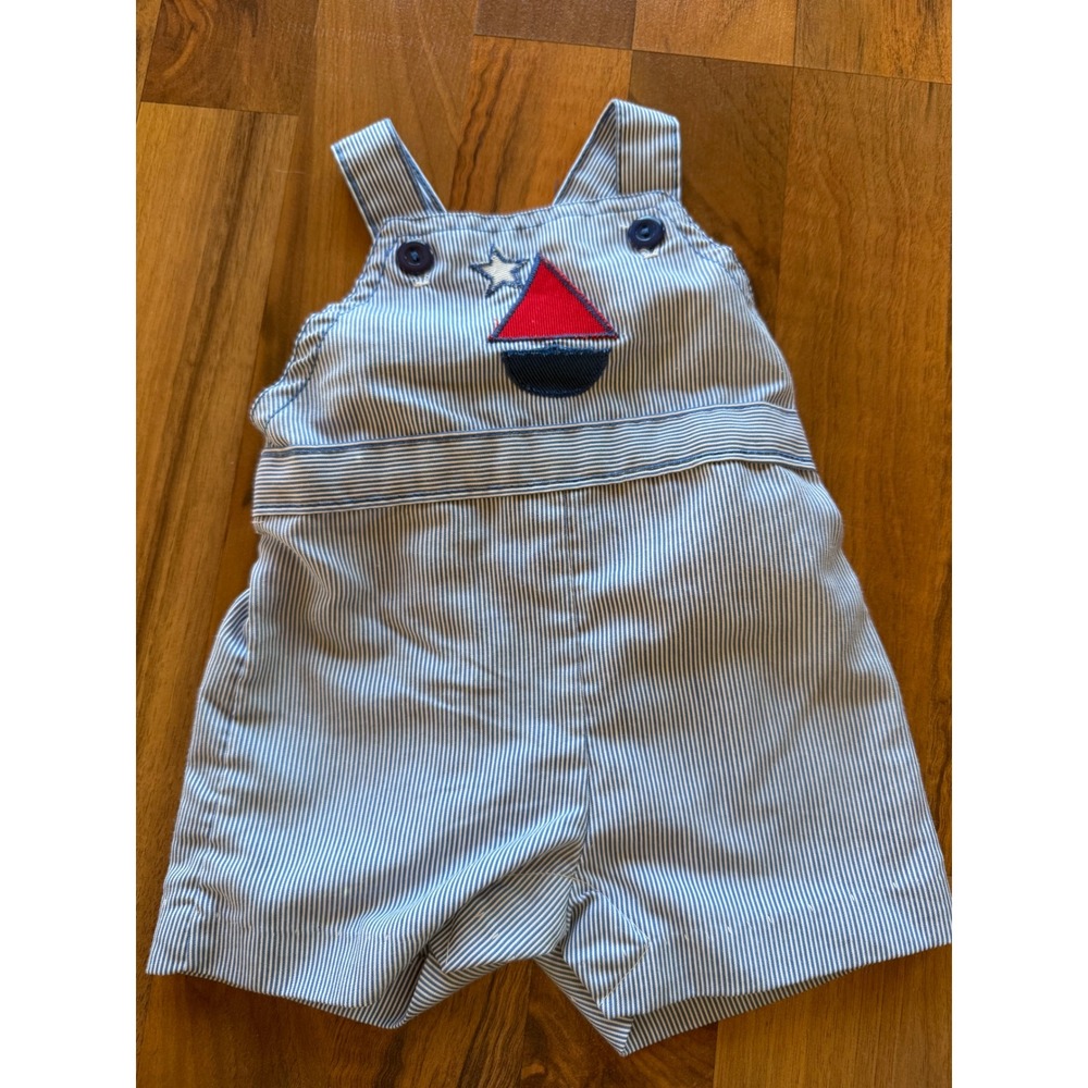 Vintage Health-tex Baby Boy Blue‎ White Pinstripe Sailboat Shortall Overalls 6M